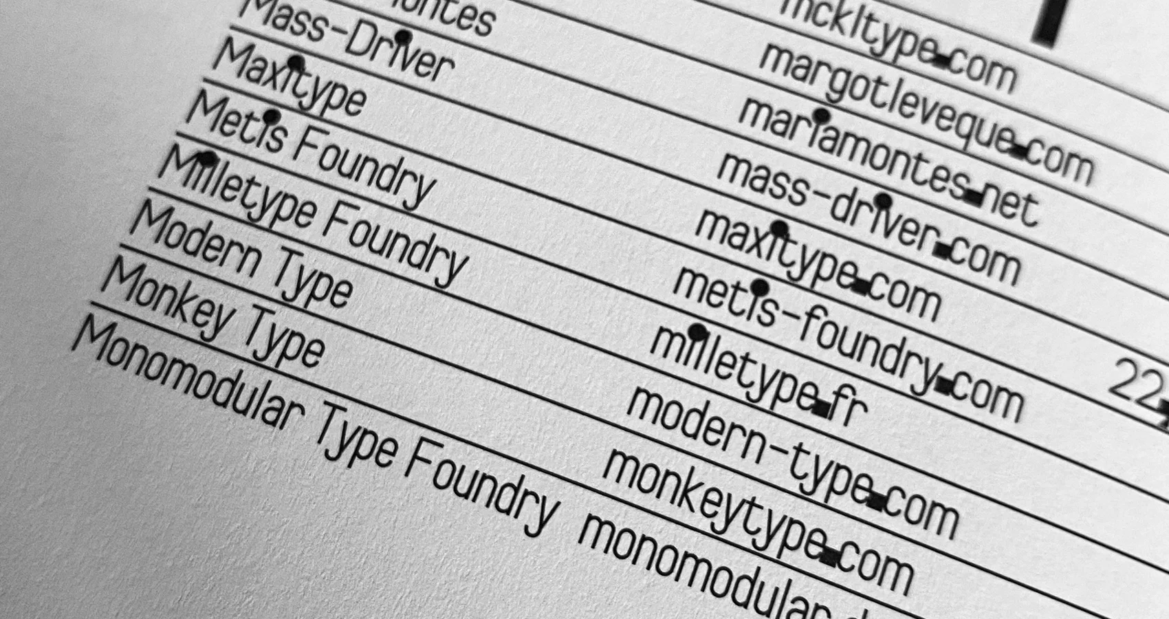 Photographie de la liste mentionnant  Milletype Foundry dans le Slanted Independent Type II