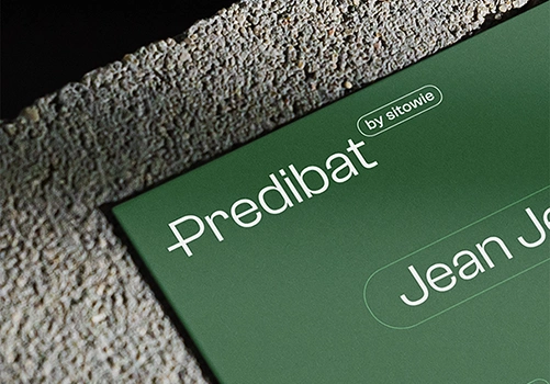 Zoom sur carte de visite Predibat, design minimal et logo typographique réalisé par Corentin Echivard