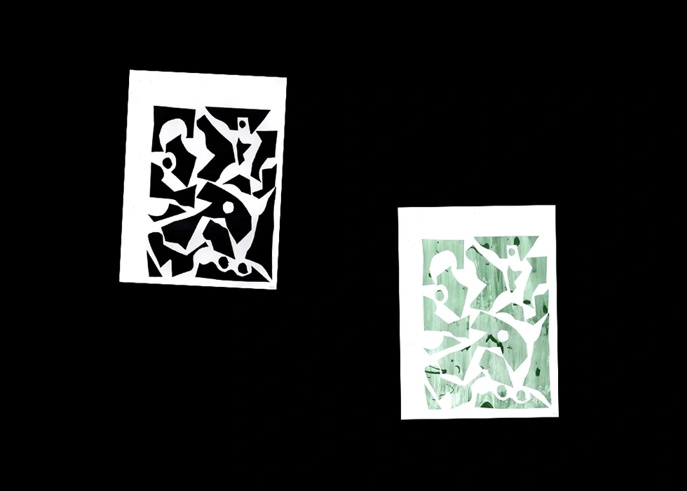 Affiche sérigraphiée avec motif en papier découpé, composition graphique artisanale