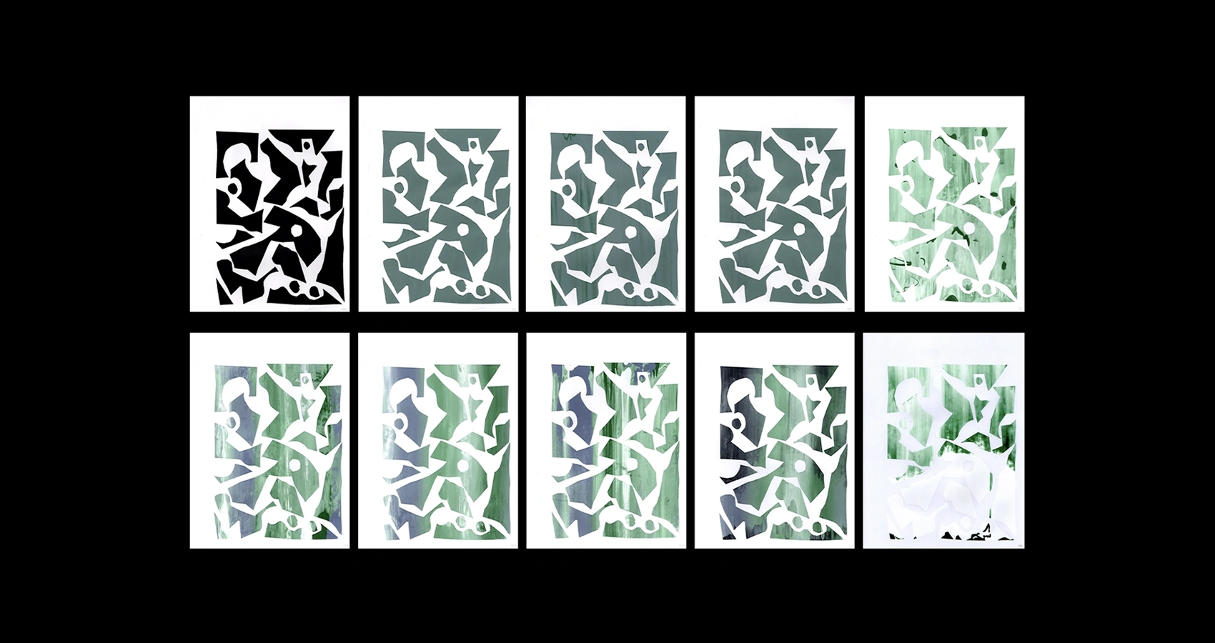 Ensemble d'affiches sérigraphiées avec motif en papier découpé, composition graphique artisanale